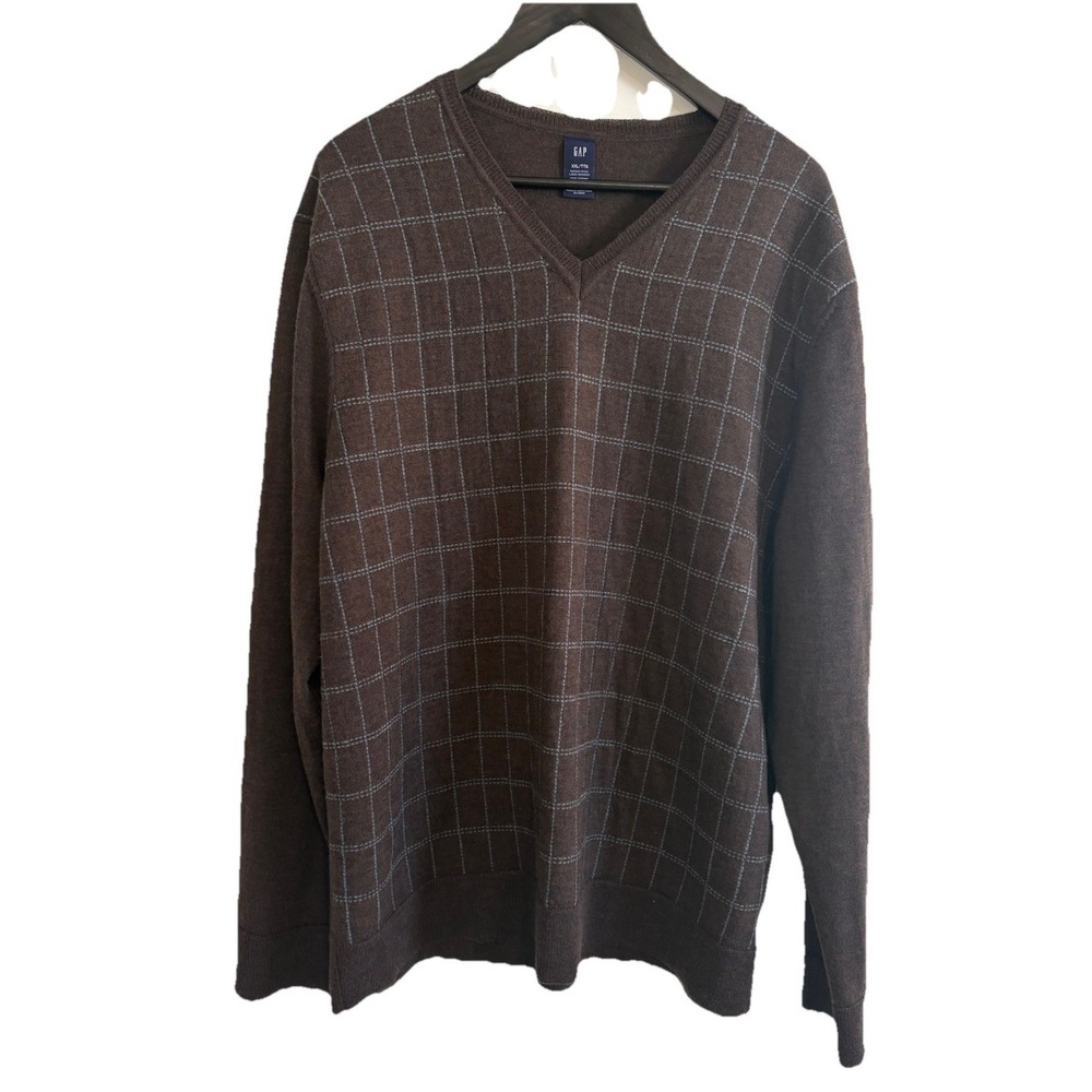 GAP Men's XXL 100% Merino Wool V-Neck Sweater Brown Grid Check Pattern Pullover